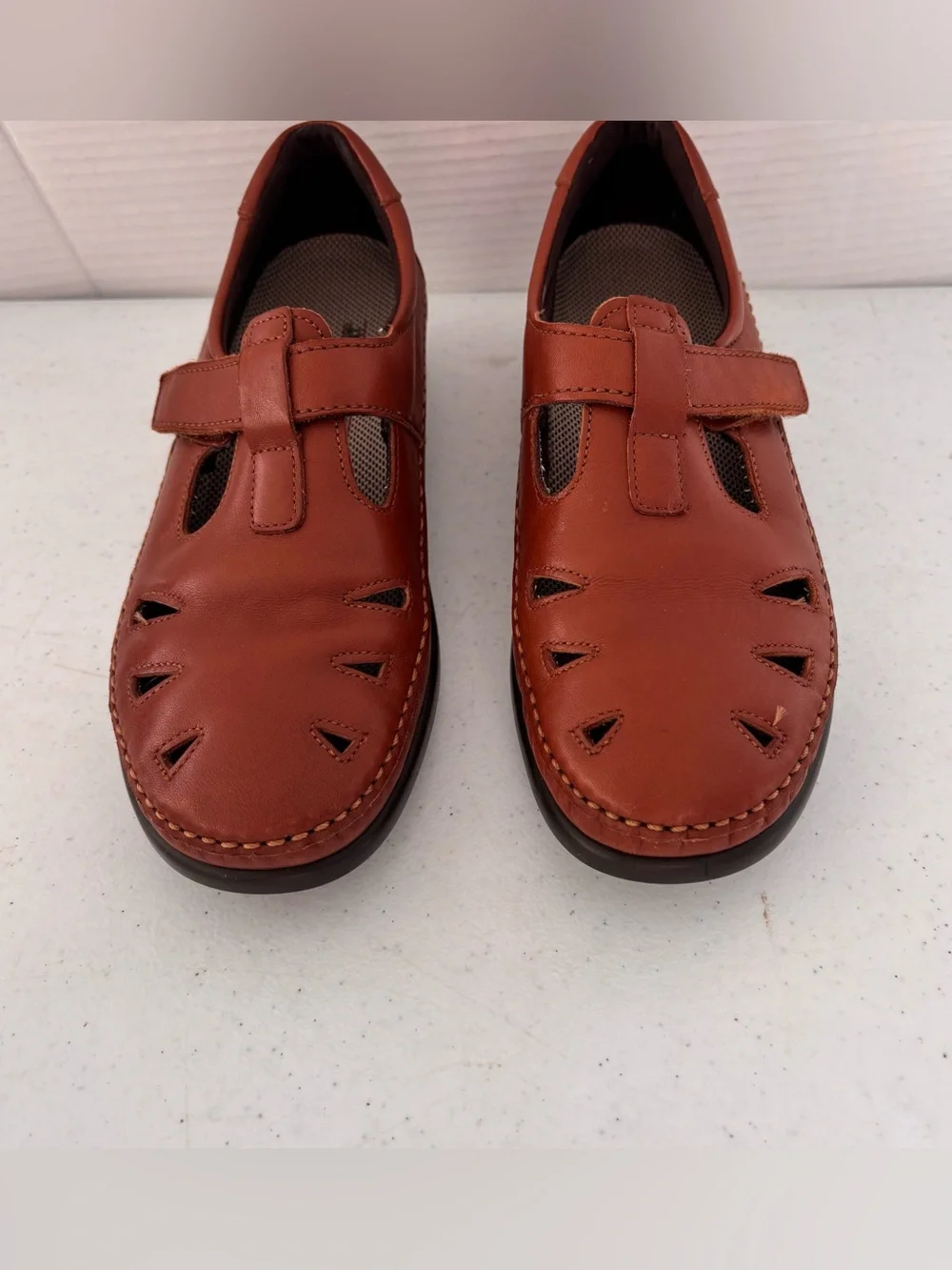 SAS Women's Leather Mary Jane Wedges - Cognac Brown